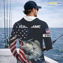 Load image into Gallery viewer, Striped Bass Fishing Shirts Long Sleeve Hooded American USA Flag Camo, Fishing Jersey For Men NHT963
