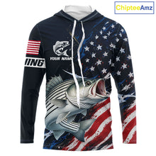 Load image into Gallery viewer, Striped Bass Fishing Shirt Long Sleeve Hooded USA Flag Camo, custom name