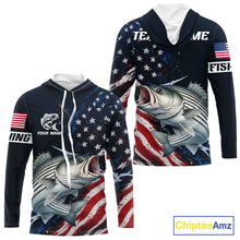 Load image into Gallery viewer, Striped Bass Fishing Shirt Long Sleeve Hooded USA Flag Camo, custom name