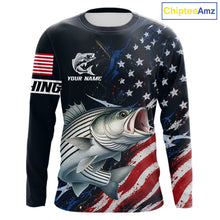 Load image into Gallery viewer, Striped Bass Fishing Shirt Long Sleeve USA Flag Camo, custom name