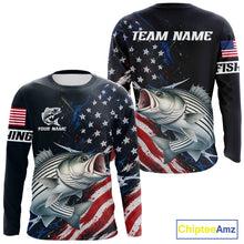 Load image into Gallery viewer, Striped Bass Fishing Shirt Long Sleeve USA Flag Camo, custom name