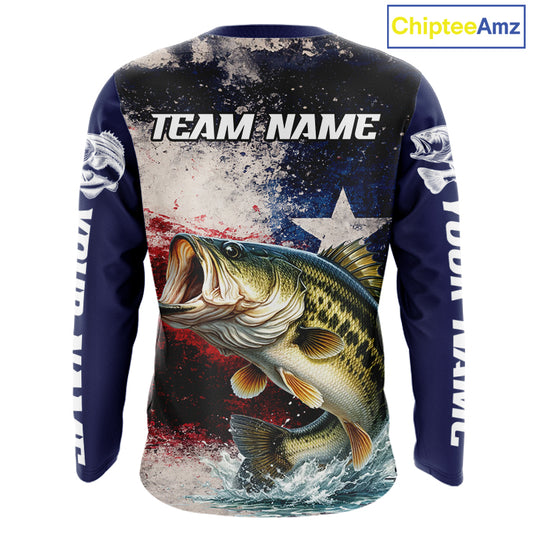 Personalized Bass Custom Texas Flag Performance Fishing Shirts, Bass Fishing Shirts Long Sleeve For Men NHT607