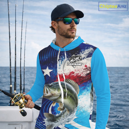 Largemouth Bass Fishing Shirts Long Sleeve Hooded Texas Flag Custom Name Team Name, Fishing Gift NHT608