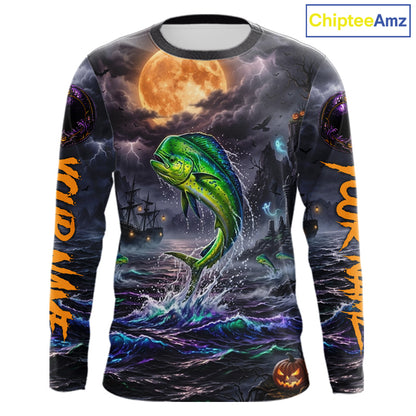 A long-sleeve crewneck shirt with an all-over Halloween graphic print featuring a green mahi-mahi jumping from dark ocean waves under a full moon, with orange 'WILD' text on the sleeves and a ChipteeAmz logo in the top right corner.