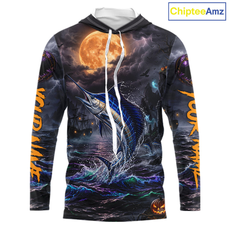A long-sleeve hoodie with an all-over Halloween-themed graphic print featuring a jumping marlin, stormy seas, a full moon, and orange text down the sleeves, shown on a white background with a ChipteeAmz logo in the top right corner.