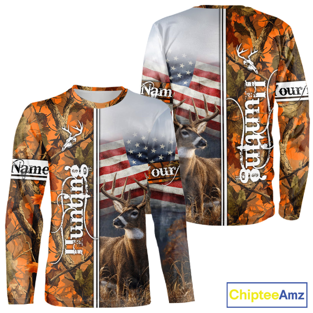 Custom Camouflage Deer Hunting With US Flag For Men, Hoodie Hunting Shirt NHT323