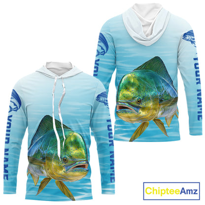 Hooded  Mahi Mahi Ocean Blue Performance Fishing Shirt, Mahi Mahi Tournament Fishing Shirts NHT615