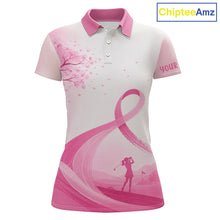Load image into Gallery viewer, Breast Cancer Awareness Pink Ribbon Golf Polo &amp; Cherry Blossom Personalized Name Lady Golfer  NHT977 - Women's Short Sleev...