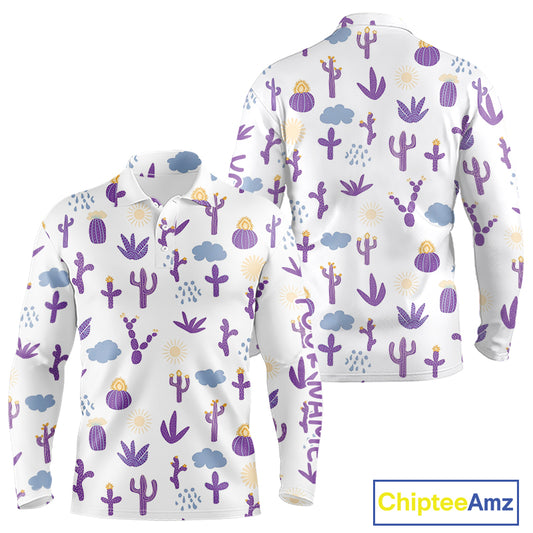 White long-sleeve shirt with purple cactus pattern on a white background