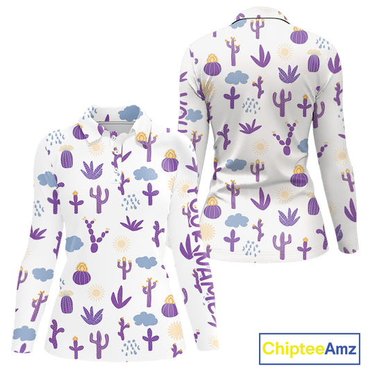 Custom Purple Cactus Women's Golf Polo Shirt - Personalized Desert Pattern Performance Golf Jersey