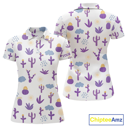 Custom Purple Cactus Women's Golf Polo Shirt - Personalized Desert Pattern Performance Golf Jersey