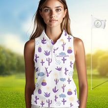 Load image into Gallery viewer, Woman wearing a white sleeveless shirt with purple cactus pattern on a golf course