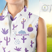 Load image into Gallery viewer, White sleeveless shirt with cactus pattern and 'Your Name' text on a blurred outdoor background