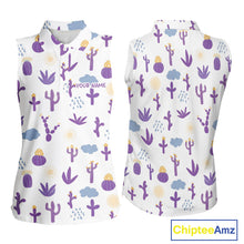 Load image into Gallery viewer, Custom Purple Cactus Women's Sleeveless Golf Polo Shirt - Personalized Desert Pattern Performance Golf Jersey