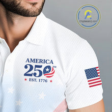 Load image into Gallery viewer, White polo shirt with 'America 250th' design and American flag on sleeve, brand logo in corner.