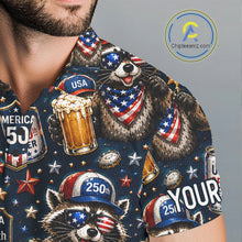 Load image into Gallery viewer, Shirt with raccoon design, beer mug, and American flags on a gray background