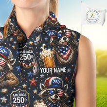 Load image into Gallery viewer, Personalized Patriotic Raccoon Shirt Custom Name USA 250 Years Women's Sleeveless Polo Funny Beer &amp; Golf Lover Gift
