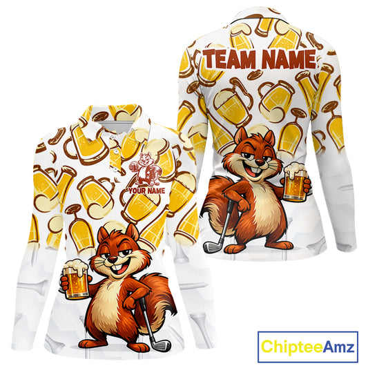 Custom Funny Squirrel Women's Golf Polo Shirts - Personalized Beer Lover Performance Jersey