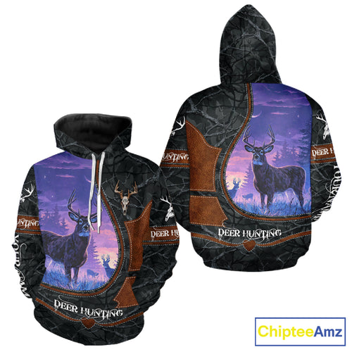 Custom 3D Whitetail Deer Hunting Shirt With Night Forest Scene, Camo Pattern And Skull Design NHT76