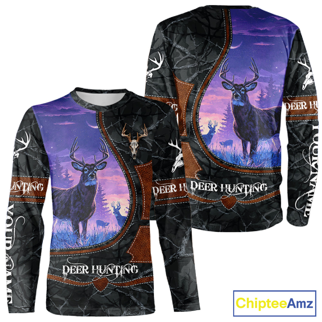 Custom 3D Whitetail Deer Hunting Shirt With Night Forest Scene, Camo Pattern And Skull Design NHT76