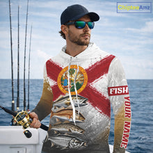 Load image into Gallery viewer, Man wearing a hoodie with a fish design and 'Fish Your Name' text, standing on a boat with ocean background.