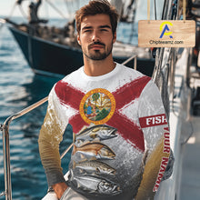 Load image into Gallery viewer, Man wearing a fishing-themed shirt with a boat in the background