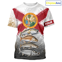 Load image into Gallery viewer, T-shirt with Florida state flag and fish design on a white background, featuring 'Chiptee Amz' branding.