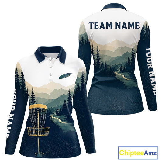 Green Mountain Landscape Disc Golf Womens Polo Shirt Custom Forest Disc Golf Shirt For Women NHT838