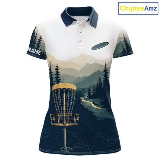 Green Mountain Landscape Disc Golf Womens Polo Shirt Custom Forest Disc Golf Shirt For Women NHT838