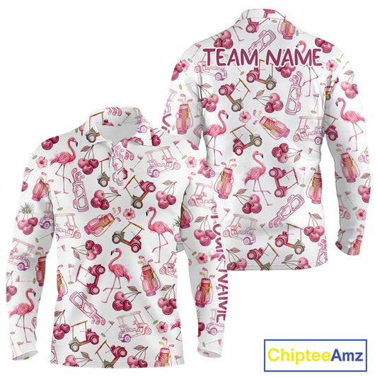 Funny Golf Polo Shirt For Mens Cherry Flamingo Golf Cart Pattern Summer Sport Top NHT841