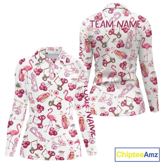 Funny Golf Polo Shirt For Womens Cherry Flamingo Golf Cart Pattern Summer Sport Top NHT841