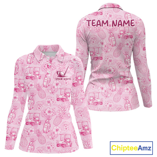 Funny Womens Golf Polo Shirt Pineapple Floral Golf Cart Pattern All Over Print Tropical Performance Top NHT842