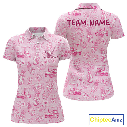 Funny Womens Golf Polo Shirt Pineapple Floral Golf Cart Pattern All Over Print Tropical Performance Top NHT842