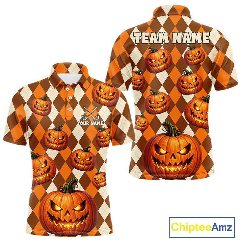 Front and back views of a short-sleeve polo shirt featuring an orange and cream harlequin pattern with jack-o'-lantern pumpkins. The front has a small customizable chest logo with crossed golf clubs and the text 'YOUR NAME'.