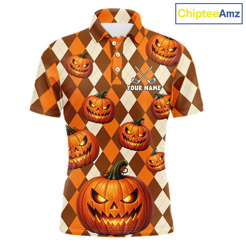 A short-sleeve polo shirt with a Halloween theme, featuring an orange and cream harlequin pattern with carved jack-o'-lantern pumpkins and a customizable name print on the chest. The brand logo 'ChipteeAmz' is visible in the top right corner.