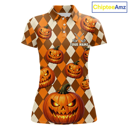 A women's short-sleeve polo shirt with a Halloween theme, featuring an orange and brown argyle pattern with carved jack-o'-lantern pumpkins and a customizable name print on the chest. The shirt is displayed on a white background with a 'ChipteeAmz' logo in the top right corner.