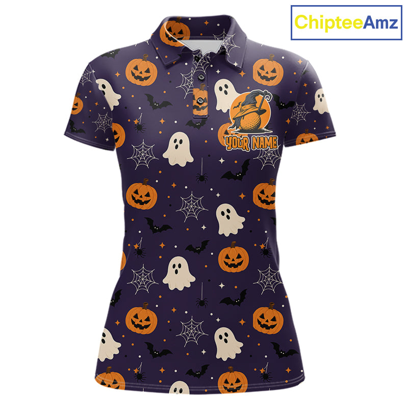 A women's short-sleeve polo shirt with a Halloween print on a dark purple background, featuring orange pumpkins, white ghosts, black bats, and spiderwebs. It has a custom name graphic on the left chest and a 'ChipteeAmz' logo in the top right corner.