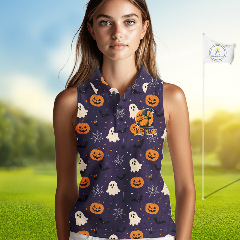 A woman modeling a sleeveless polo shirt with a Halloween pattern of orange pumpkins, white ghosts, and black bats on a dark purple background, set against a blurred golf course background.