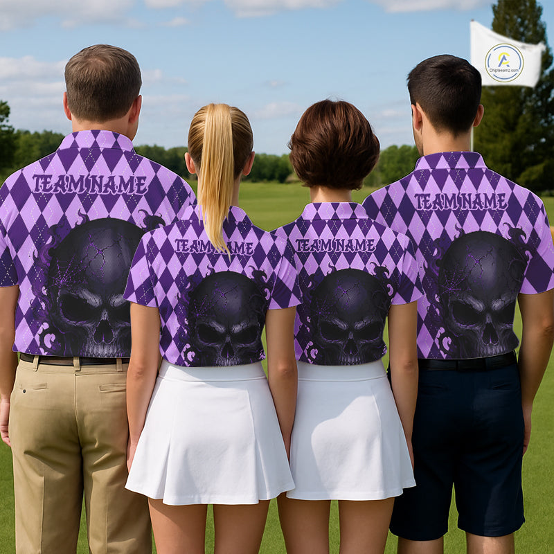 Custom Name Purple Skull Men Golf Polo Shirt - Personalized Halloween Team Golf Shirt NHT1302