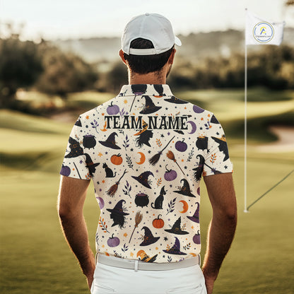 Vintage Witch Halloween Seamless Pattern Men Golf Polo, Spooky Cauldron Cat And Pumpkin Golf Top NHT1306