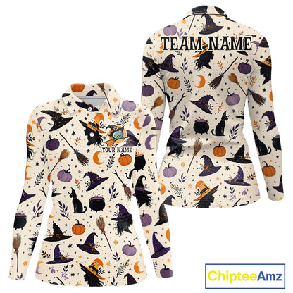 A long-sleeve women's collared shirt shown from both front and back on a white background. The shirt has an all-over Halloween-themed print with witches, broomsticks, cauldrons, pumpkins, cats, stars, and leaves in black, purple, orange, and gray on a cream base.