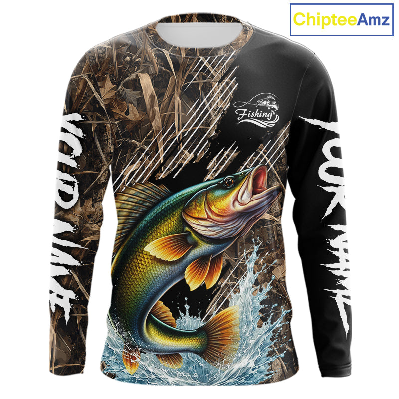Walleye Fishing Shirts Long Sleeve Camouflage For Men, Walleye Fishing Apparel NHT434