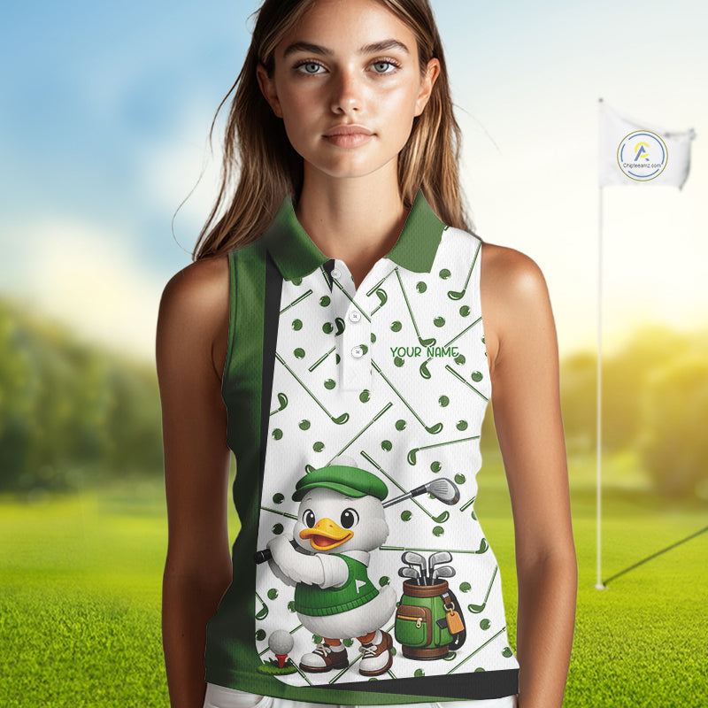Custom Green & White Funny Duck Sleeveless Golf Shirt For Womens, Golf Jersey Pattern For Ladies NHT625