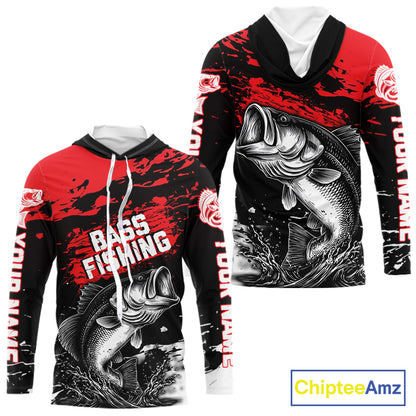 Custom Bass Fishing Jersey, Black And Red Bass Long Sleeve With Hood Tournament Fishing Shirts NHT492