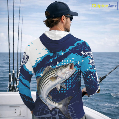 Custom Striped Bass Long Sleeve Hooded Fishing Shirts For Men, Design Striped Bass Fishing Jerseys NHT635