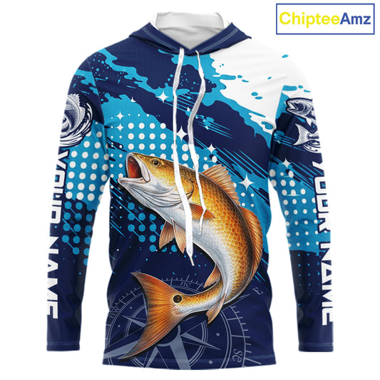 Custom Redfish Hooded Long Sleeve Fishing Shirts For Men, Design Redfish Fishing Jerseys NHT636