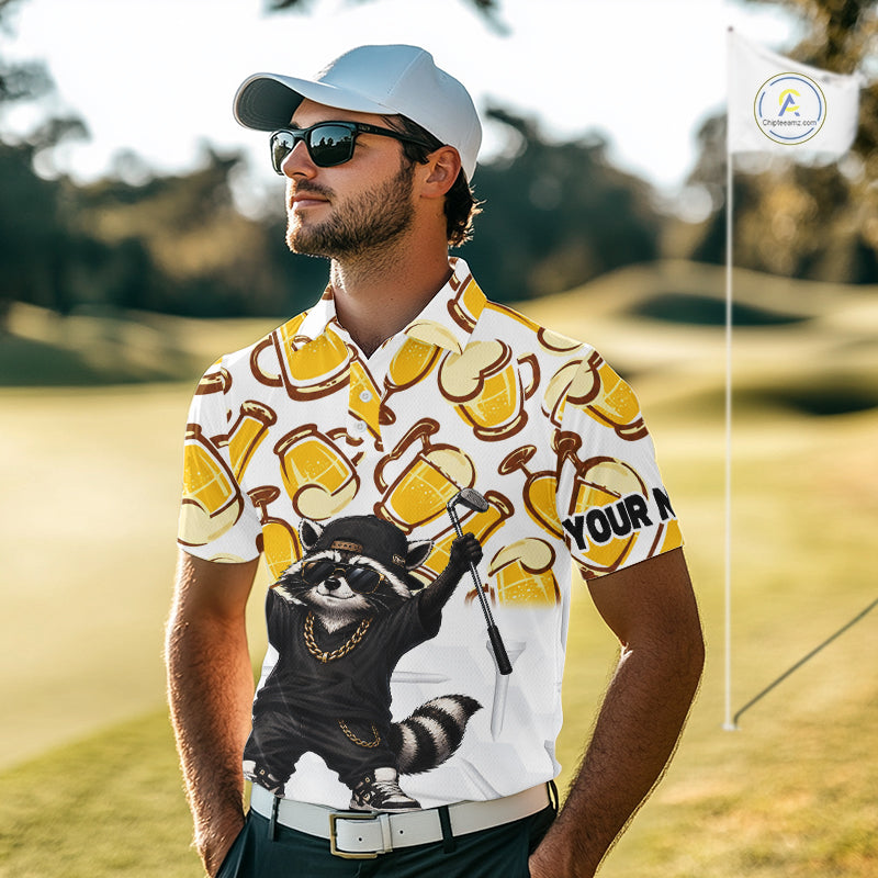 Funny Raccoon Beer Golf Polo Shirt Personalized Name Custom Golf Shirt Golfer Gift For Men