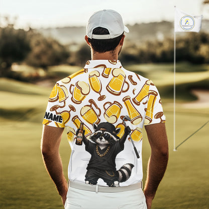 Funny Raccoon Beer Golf Polo Shirt Personalized Name Custom Golf Shirt Golfer Gift For Men