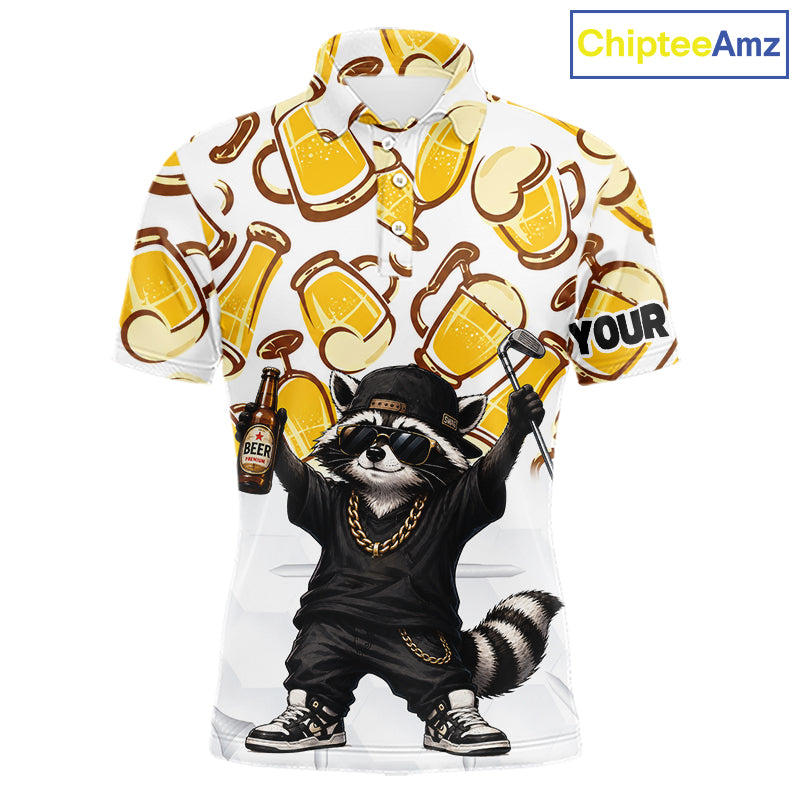 Funny Raccoon Beer Golf Polo Shirt Personalized Name Custom Golf Shirt Golfer Gift For Men