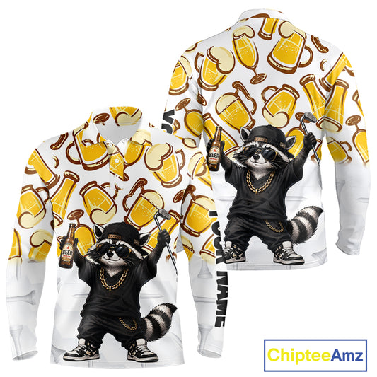 Funny Raccoon Beer Golf Polo Shirt Personalized Name Custom Golf Shirt Golfer Gift For Men